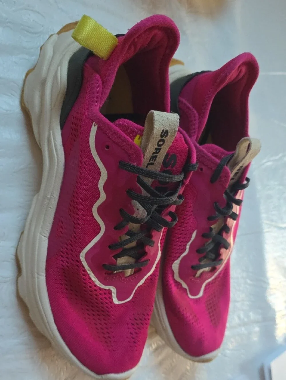 Sorel Women's Fuchsia Pink Athletic Sneakers with Yellow Pull Tabs